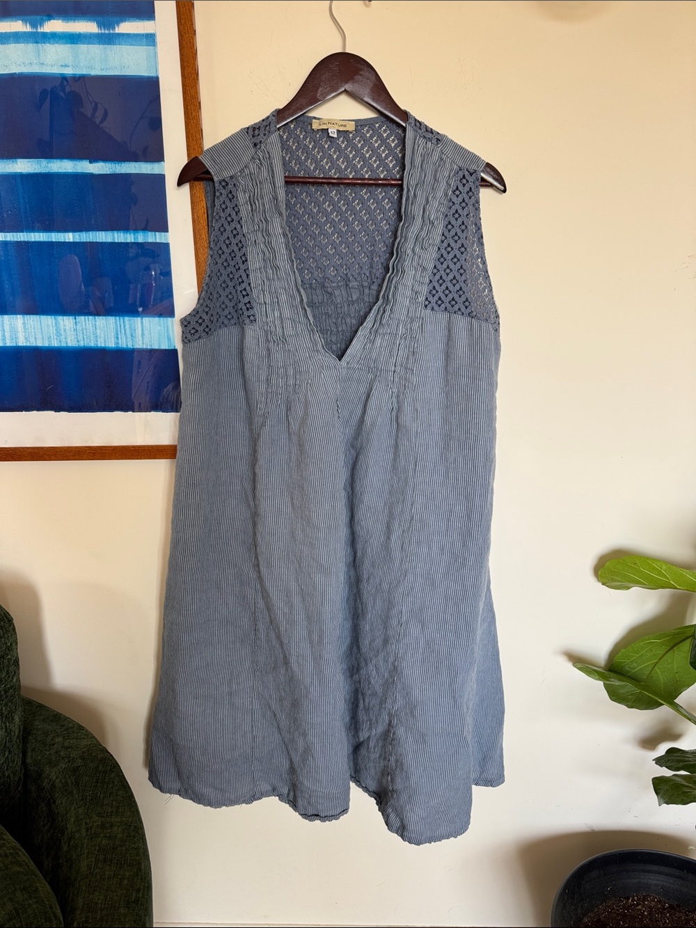 Sleeveless Blue Midi Dress with Lace Yoke